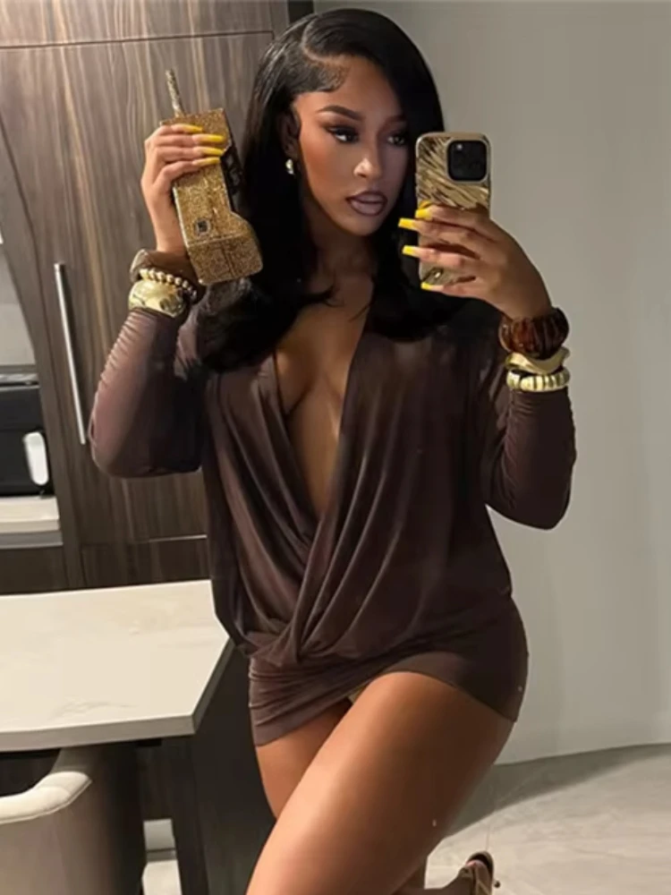 Nibber Cross Deep V-Neck Dress Women Full Sleeve Stretch Solid Midnight Street Clubwear Party Autumn Trend Elegant Mini Bodycon