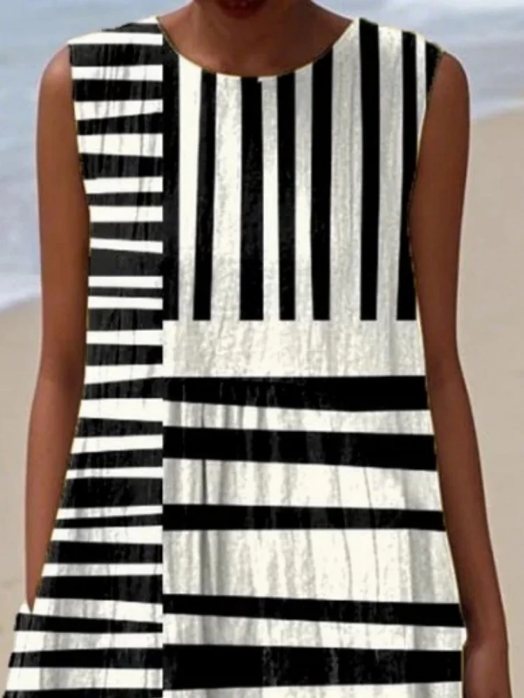 Women Plus Size Midi Robe Holiday Sexy Sleeveless Black & White Striped Printed Vest Dresses Fashion New Pockets O-neck Vestido - Image 2