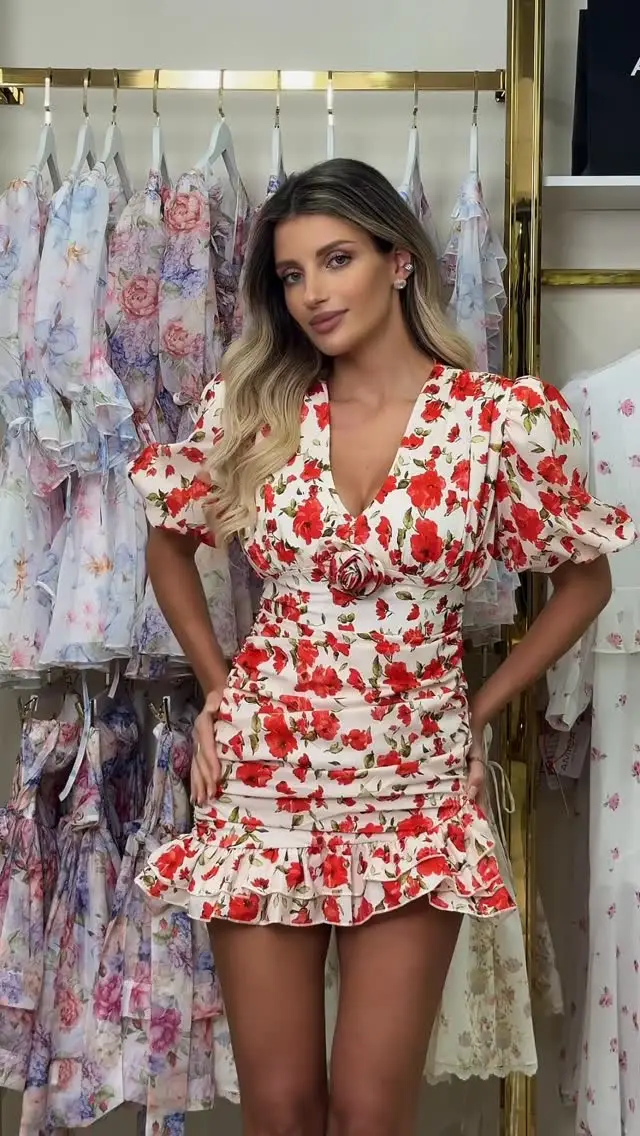 White Red Floral Ruched Puff Sleeve Mini Dress V-neck Ruffle Hem 3d Flower Dresses Summer Lady Party Sweet Date Vestido New 2026 - Image 16