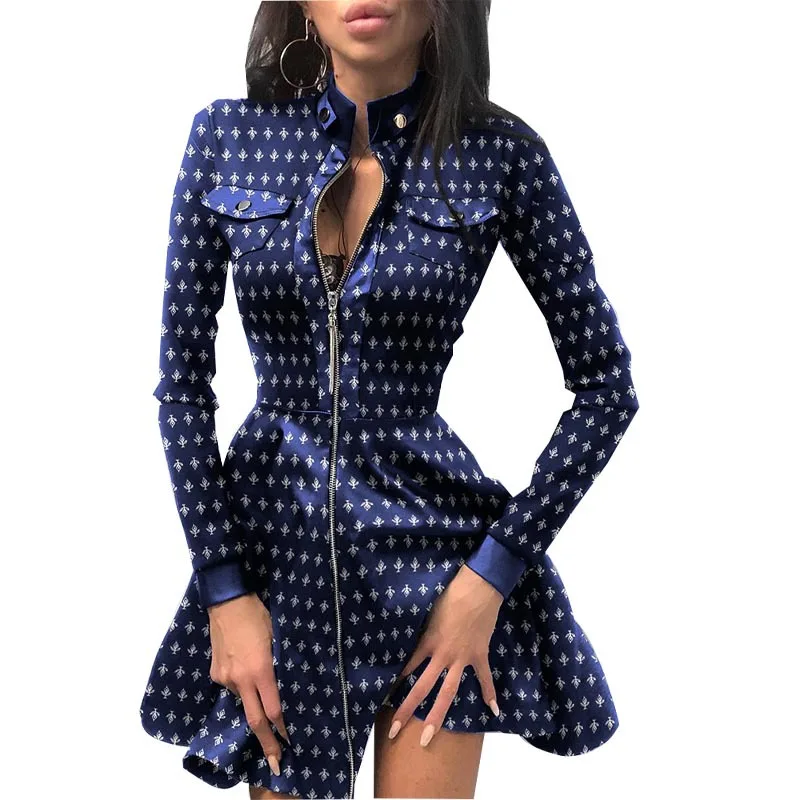 Sexy Sheath Mini Dress For Women Zipper Pockets Lace Long Sleeve Patchwork Party Dresses Elegant Stand Neck Button Slim Vestidos - Image 5