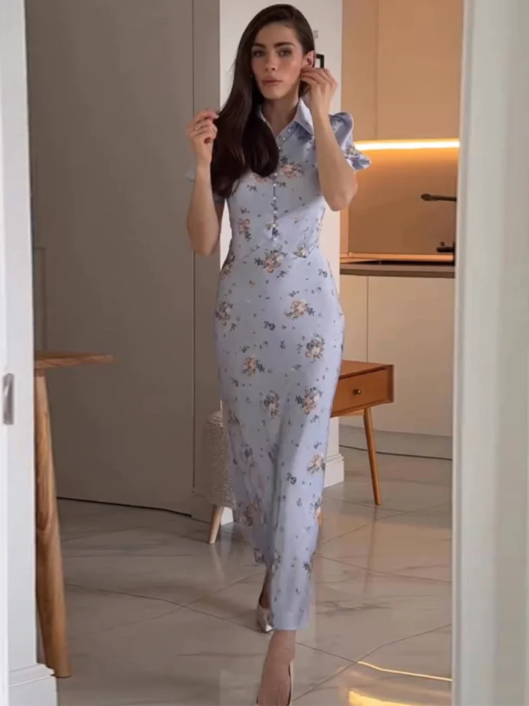 Pearl Button Floral Long Dress Woman Lapel Short Bubble Sleeve Waist Cinched Print Slim Dresses Elegant Fashion Lady's New Dress - Image 4